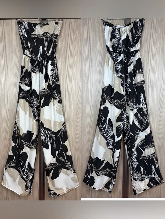 Mahina ~ Strapless Jumpsuit ~ in Black/Tan/White Palm Leaves Print - Picture 4 of 16